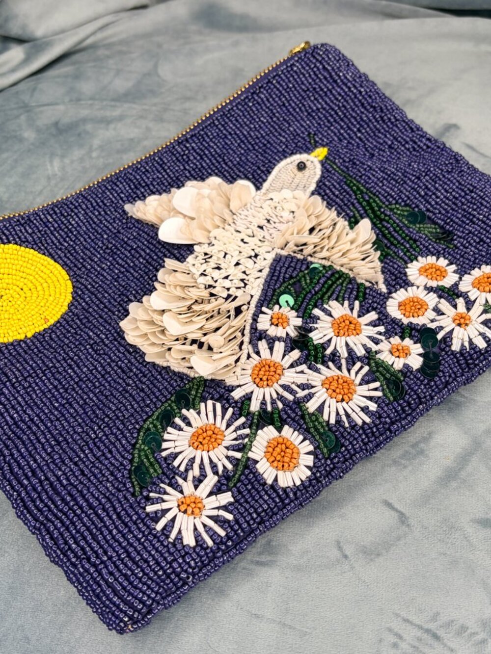 Anthropologie Navy Beaded Sequin Bird Floral Zip Clutch Pouch - Picture 4 of 6